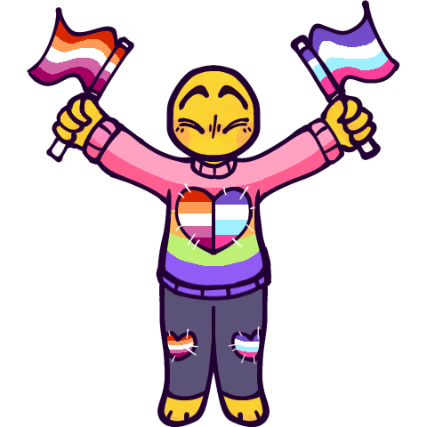 a drawing of a cartoony generic yellow human happily standing with their arms outstretched and holding up two small handheld flags, one in each hand. The lines are a very dark purple, except for the white stitches on the clothes. The person is wearing a 7 stripe pink, blue and purple mspec lesbian flag sweater with a heart stitched onto the front, and purple leggings with heart-shaped patches on the knees. Their feet appear to be like paws, their head is very round - almost a circle - and bald, and they only have four fingers. Their eyes are squinted shut, and their eyebrows are raised high in an excited expression. They have no visible mouth and a nose is only loosely implied. the left flag and hearts are the lesbian flag, while the right are the multisexual flag.